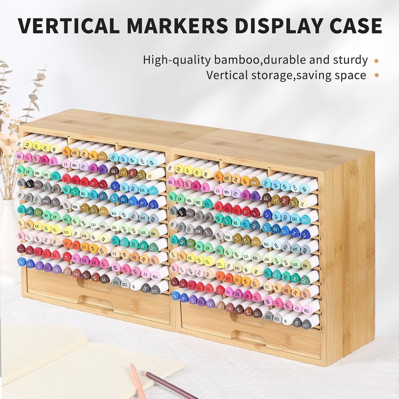 AUTOARK Bamboo Marker Organizer for 150 Markers, Desktop Storage with Drawers, Art Pens Pencils Art Brushes Stationary Organizer, AHK-060 - Image 5